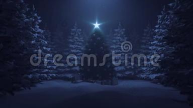 圣诞树上有一颗闪亮的星星，森林里有一个花环，下着雪